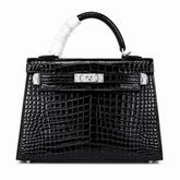 Kelly Sellier 22cm Noir Shiny Crocodile Leather Gold Hardware & Palladium Hardware Women Handbag