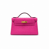 Mini Kelly Sellier 22cm Rose Tyrien Ostrich Leather Gold Hardware Women Mini Handbag
