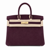 Birkin 30 Retourne in Bordeaux Suede Grizzly with White Stitching (Gold Hardware)