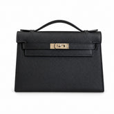 First generation handbag evening bag Kelly 22cm Epsom leather black silver buckle wax thread