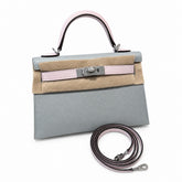 mini kelly 2, 8u/Blue glacier/09/Mauve pale, Epsom, slipr, 19cm, all handmade‼ ️Mini Kelly II, glacier blue and fantasy purple, palm print, silver buckle, 19cm, high-end handmade exclusive customizati