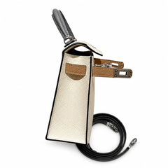mini kelly 2, i2/Nata-0M/Chai-0L/Gris Meyer, Epsom, sliver, 19cm, all handmade‼ ️Mini Kelly II, cream white with striped milk tea color and cumulonimbus gray armband, palm print, silver buckle, 19cm,