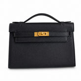 First generation handbag evening bag Kelly 22cm Epsom leather black gold buckle wax thread