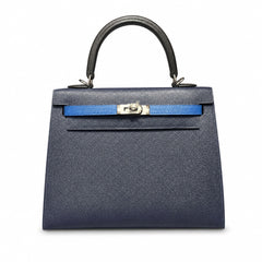 Kelly 25cm Epsom leather 2Z Blue Nuit midnight blue with 89 Noir black with 71 Bleu France French blue top handcraft! Counter quality!